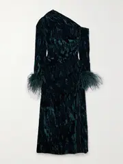 [16ARLINGTON] 16ARLINGTON - Adelaide One-shoulder Feather-trimmed Crushed-velvet Midi Dress - Teal - UK 14 UK 14 Blue