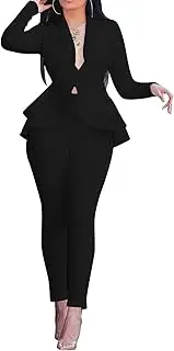 [Rodawu] Women's Two Piece Outfits Sets Long Sleeve Deep V Neck Ruffle Pelplum Blazer Slim Fit Bocycon Long Pants Business Suit Set