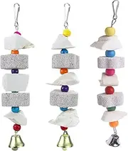Yitaocity 3Pcs Bird Beak Trim Cuttlebone Calcium Stone Lava Block Chew Toy Grinding Teeth Natural Minerals with Bell for Parakeets, Cockatiels, Conures, Budgies, Lovebirds