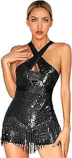 [Jugaoge] Womens Sequins Jazz Leotard Fringed Bodysuit Tassel Latin Dance Costume Performance Dancewear