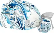 [WOSHJIUK] Working Hat 2 Pack Scrub Caps for Women,Blue Print Goldfish,Tie Back Cap Adjustable Scrub Hat
