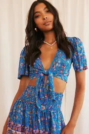 Blue Boho Crop Top Front Tie - Size 8, Women's Crop Top