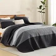 Litanika Quilt King Size Grey and Black and White, Gray Stripe Patchwork Summer Bedspread Coverlet 3 Pieces, Soft Lightweight Microfiber Quilted Bedding Set for All Season(1 Quilt, 2 Pillowcases)