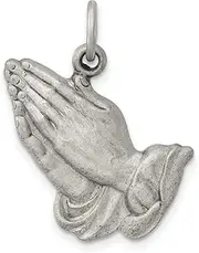 [JewelryWeb] 925 Sterling Silver Solid Satin Artisan Oxidized Antiqued Praying Hands Charm 26x15mm Wide Pendant Necklace for Women
