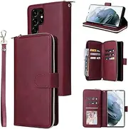 [YocoverTech] for Samsung S22 Ultra 5G Case, for Galaxy S22 Ultra 5G Wallet Case[9 Card Slots+1 Cash Slot] PU Leather Stand Flip Zipper Wallet Cover[6.8 inch]-Wine Red