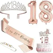 18th Birthday Decorations for Girls, Including 18th Tiara Crown & Birthday Sash, Cake Toppers, Candles and Number Balloons Set, Rose Gold 18 Year Old Birthday Party Decorations for Women Gifts