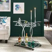 Modern Style Chrome Finish Bar Cart with Tempered Mirror Finish Top Bottom