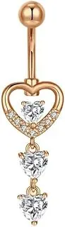[Niaspi] Triple CZ Love Heart Dangling Belly Bars Ring for Women Huggie Cubic Zirconia Heart Shaped Belly Button Barbell Ring Crystal Shiny Valentine's Statement Piercing Body Jewelry Gifts