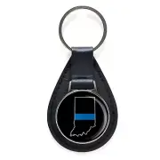Thin Blue Line Indiana State Black Leather Keychain Silver Keyring Military Gift