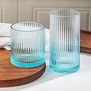 Ribbed Drinking Glasses 8pcs, 12oz and 10oz Glassware, Tumbler Glasses Cup Set for Wedding, Party, Blue