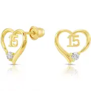 10K Real Solid Gold Open Heart 15th Birthday CZ Sleeper Stud Earrings Screw-back