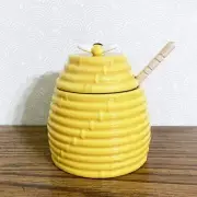 Yellow Bee Hive Honey Pot Ceramic Jar & Wood Dipper Drizzler 4.5" TAG