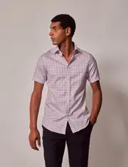 Hawes & Curtis Non-Iron Red & Blue Check Slim Short Sleeve Shirt Size: Medium