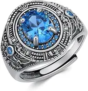 [Molioaki] 925 Sterling Silver Oval Cut Blue Topaz/Ruby/Emerald/Black Onyx Ring for Men Vintage Style Gemstone Handmade Men Wedding Engagement Band Ring Adjustable Size 7