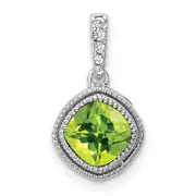 14k White Gold Cushion Peridot and Real Diamond Pendant