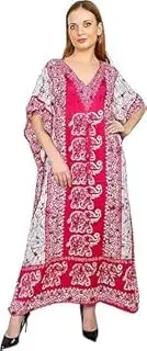 [INDIAN MODERN ART] Pink Elephant Print V-Neck Kimono Kaftan for Women – Long Free Size Maxi Dress, Beach Caftan, Nightwear Gown – Pack of 1, Pink