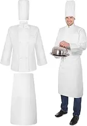 [Hillban] 3 Pcs Chef Unisex Costume Chef Tall Hat Coat Bistro Apron Set Chef Jacket Chef Coat Chef White Apron Set for Work