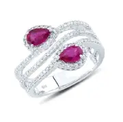 NATURAL 14K WHITE GOLD PAVE DIAMOND PEAR CUT RUBY HALO COCKTAIL BYPASS RING