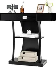 Giantex T-Shaped Console Table for Small Space, Behind Couch Table with Drawer, Shelves & Dual Anti-Tipping Kits, Modern Foyer Table, Entryway Accent Table for Living Room & Bedroom (Black)