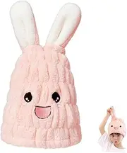 HONITANO Rabbit Ear Hair Towel Wrap Cap for Cute Absorbent Hair Drying Hat Soft Fleece Comfortable Towel Wrap for Home Travel Bathing