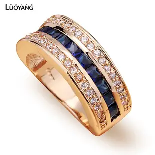 洛陽牡丹 滿鑽藍寶石方鑽戒指 歐美鍍18k黃金閃鑽男女士指環