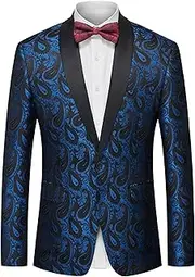 [JEShifangjiusu] Men's Suit Slim Fit Floral Tuxedo Jacket Classic Shawl Lapel Suit Coat With Bow For Wedding Party Prom, The Blue, XXL