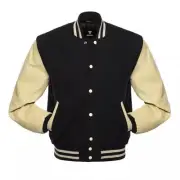 Cream Black Varsity Jacket Wool & Real Leather sleeves Letterman Bomber College