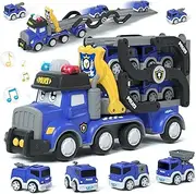 Lehoo Castle Police Car Toy for 2 Year Old Boys, 2 Year Old Boy Gifts, Carrier Truck Toy, 7 in 1 Friction Power Transport Vehicle Toys with Light and Sound 6 Pull Back Cars
