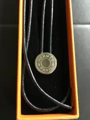 Hermes Palladium Cloud Saddle Pendant with 24 inch Black Leather Cord Necklace