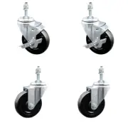 4 Inch SS Hard Rubber Wheel Swivel 3/8 Inch Threaded Stem Caster Set 2 Brakes