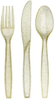 Prestee 180 Gold Plastic Silverware Cutlery Set, Glitter Utensils,