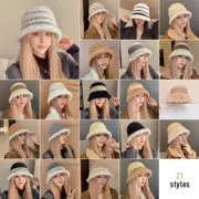 Women Warm Winter Fluffy Striped Bucket Hat Outdoor Knitted Fisherman Hat Cap