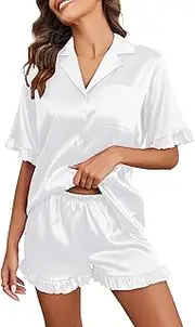 [Ekouaer] Women's Silk Satin Pajamas Sets Button Down Ruffled Pj Set Sleepwear S-XXL