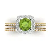 2.2 Round Cut Halo Natural Peridot Promise Bridal Ring set 14k Yellow White Gold