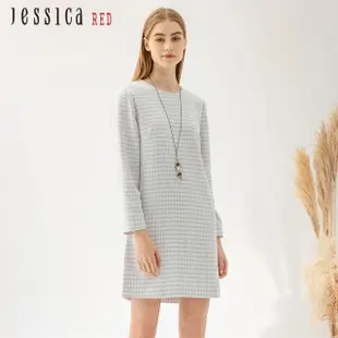 【Jessica Red】知性優雅格紋花呢修身長袖洋裝824176（白）