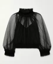 Alice+Olivia Black Alexia Cropped Velvet-Trimmed Chiffon Blouse sz S NWT