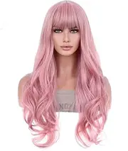Long Wavy Soft Synthetic Wig with Straight Bangs for Women Girls Wig Cap Included (Pink)
