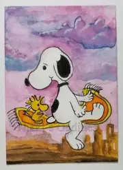 Aceo Original watercolor Painting Snoopy Woodstock Dog Magic carpet desert Nikki