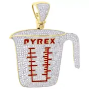 10K Yellow Gold FN Lab Created Diamond Pyrex Measuring Glass Cup Pendant 1.80"