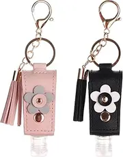 [Pcmursal] 2pcs Multifunction Portable Empty Travel Bottle with Keychain Holder,Leather Tassel,Hand Sanitizer Bottle, Hand sanitizer purse with flowers (Blackl、Pink), Biack、pink