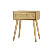 Oikiture Bedside Table Drawers Rattan Wood Storage Cabinet Nightstand Bedroom