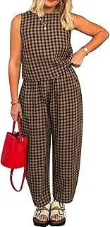 [loveimgs] Women 2 Piece Pants Set Lounge Summer Outfit Sleeveless Plaid Vest Tank Top Tracksuit Lightweight Pants Set