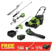 GREENWORKS 60V 1 x 4.0Ah 46cm Self Propelled Mower + Multi Tool+ Blower + Polesaw and Hedge Trimmer Attachment Kit 1305807AU