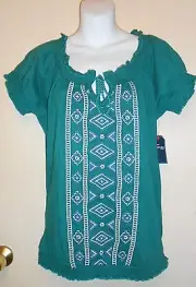 St John's Bay Ladies Embellished Peasant Blouse Modern Green Small (S) NWT