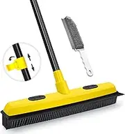 JEHONN Carpet Rake Pet Hair Removal Broom, Rubber Push Broom with Squeegee, 134 cm Long Handle Silicone Indigo Petco Floor Cleaning Tool with Portable Detailing Lint Brush (Yellow)