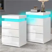 Alfordson 2x Bedside Table LED Nightstand 3 Drawers High Gloss White