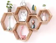 Hexagon Floating Shelves Honeycomb Shelves Wall Mounted Wood Farmhouse Storage Wall Shelf for Bathroom, Kitchen, Bedroom, Living Room,Driftwood Finish Wall Decor,Light Brwon