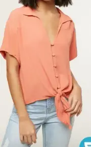 NWT O'Neill Women's Orange Button Front SS Blouse Shirt Tie Waist XL
