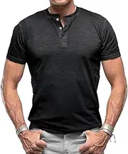 [Aosufei] Men's Lightweight 3 Button Summer T-Shirts Short Sleeve Solid Worktout Tops Shirts Stylish Casual Sport Tee Shirts, Black1, Medium