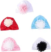 [COMPUKAS] 5pcs Contrast Color Grid Hat Boys and Girls Beanies Toddlers Infants Flower Decorative Cotton Bonnets Ruffles